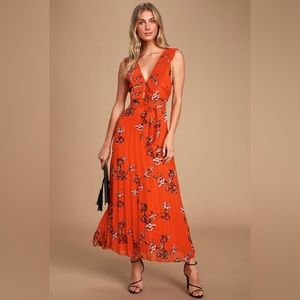 Lulus Loved By You Red Orange Floral Pleated Maxi Dress